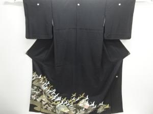 作家物　郡鶴に扇・草花模様刺繍留袖（比翼付き）